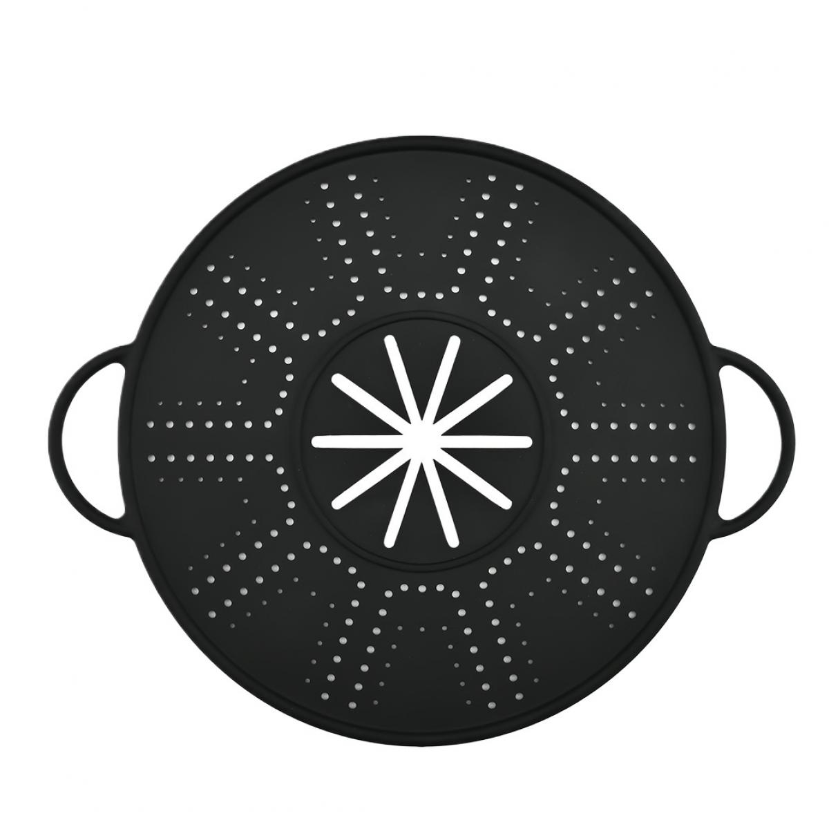 Ein schwarzer, kreisförmiger Küchen-Dampfkorb mit kleinen Löchern. Es hat ein sternförmiges Mitteldesign und zwei seitliche Griffe.