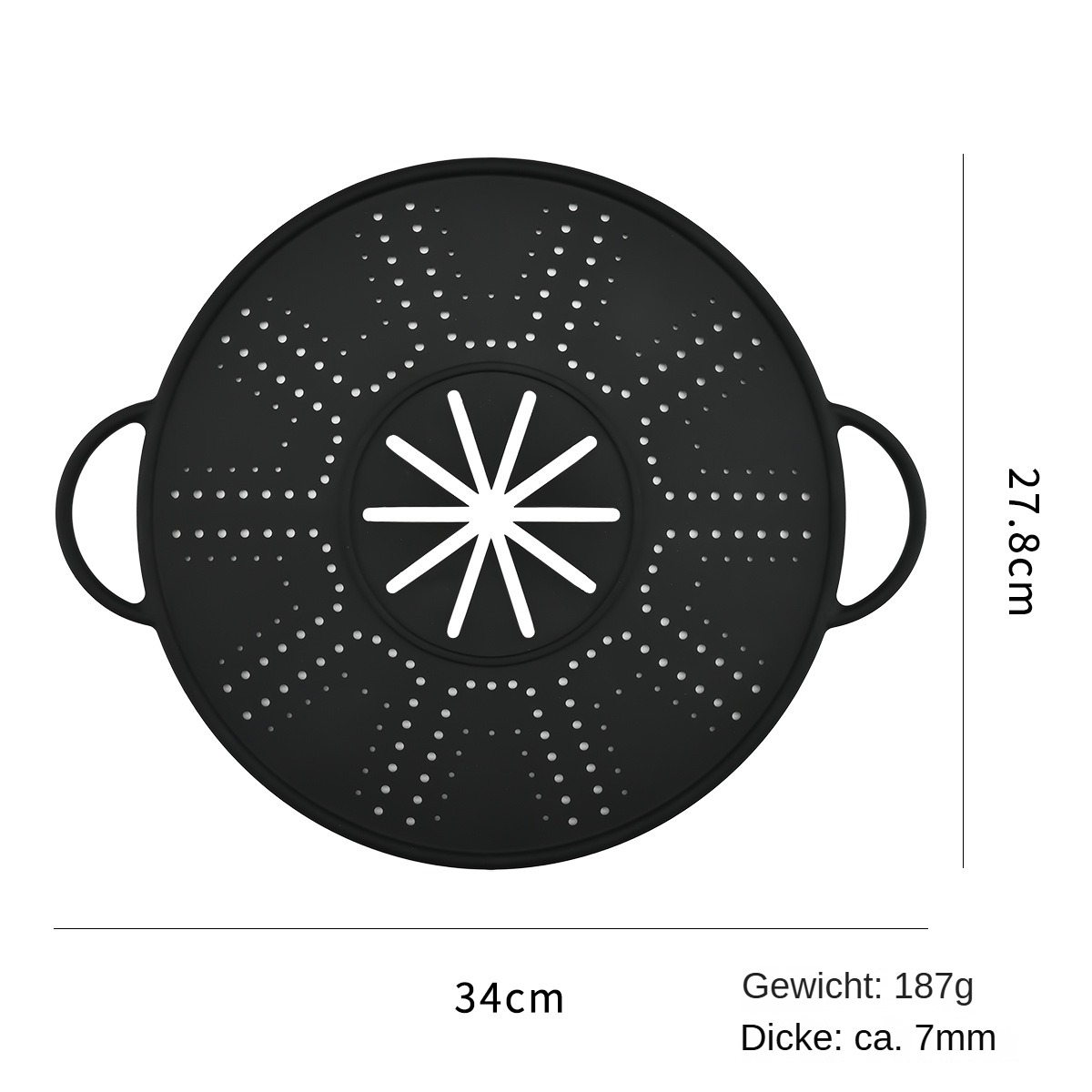 Schwarzes, rundes Küchenutensil mit Löchern, Griffen und sternförmigem Mitteldesign. Abmessungen und Gewicht werden auch angezeigt.