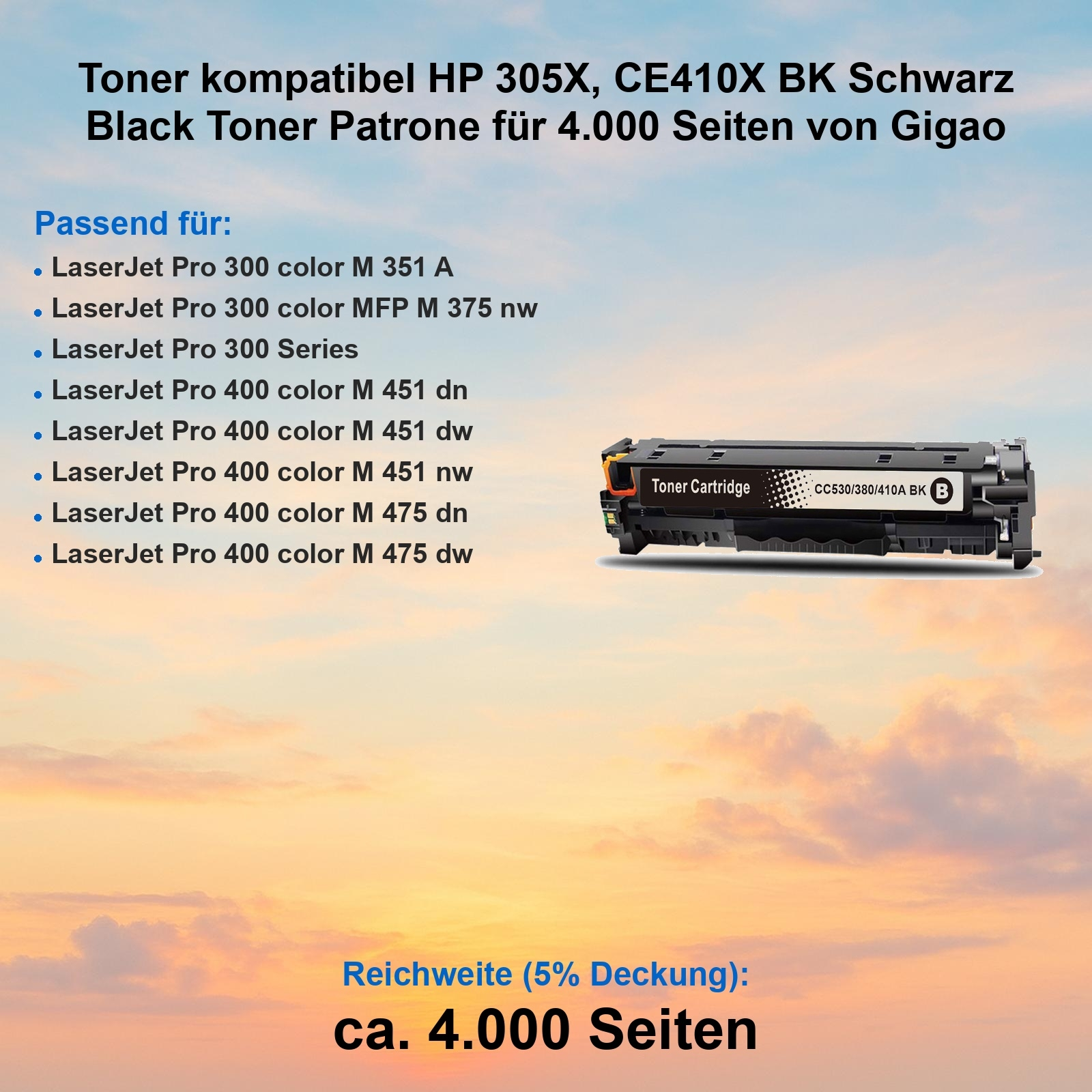 Schwarze Tonerkartusche mit Produktdetails und Kompatibilitätsliste. Liest: 'Toner Cartridge' und 'CC530/380/410A BK B'.