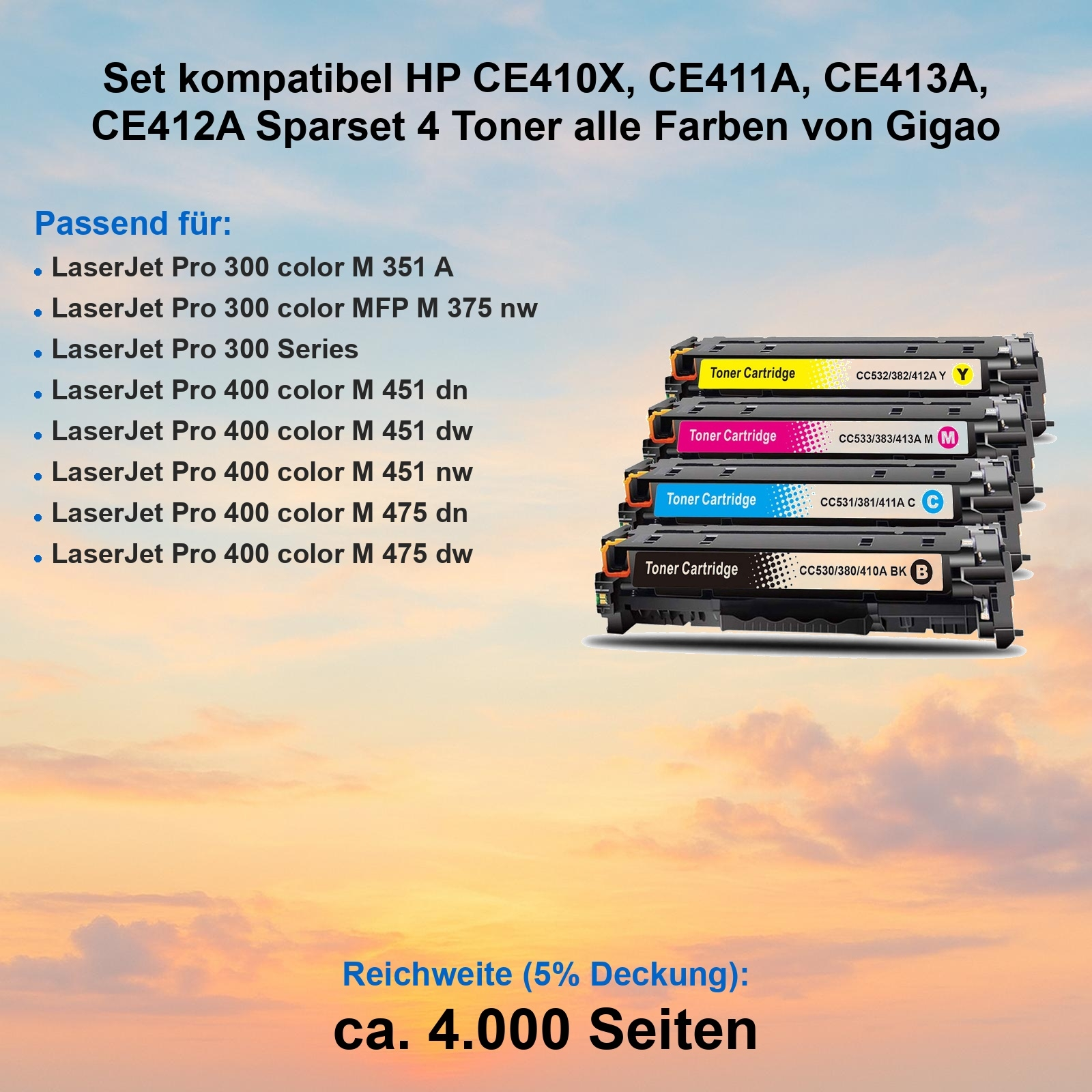 Das Bild zeigt HP-Tonerkartuschen in Gelb, Magenta, Cyan und Schwarz, mit Text zu Kompatibilität und Seitenleistung.