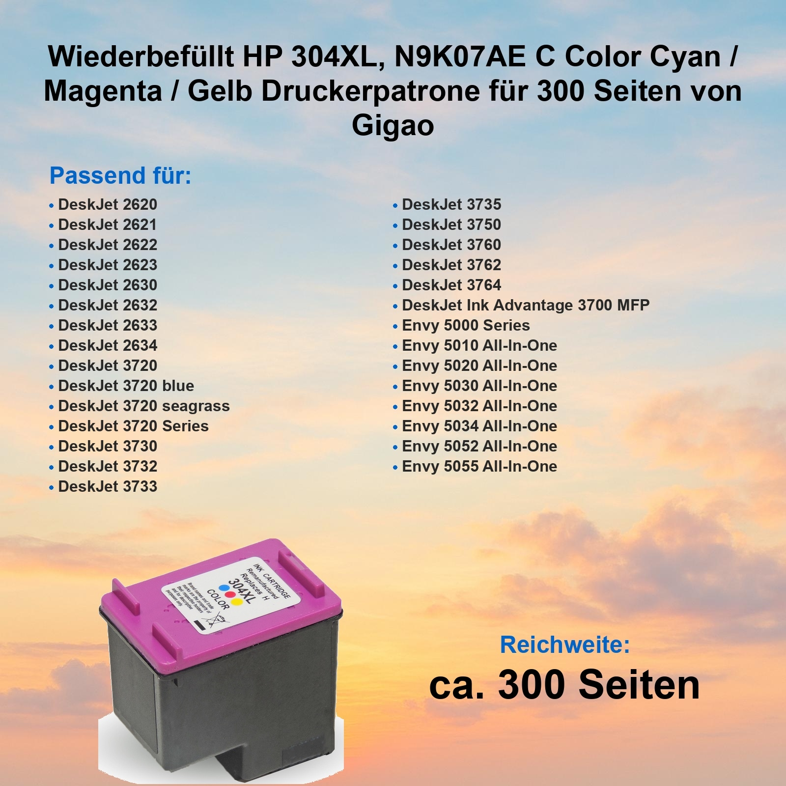 Eine HP 304XL Tintenpatrone mit magenta und cyan Tinte, kompatibel mit mehreren HP Deskjet- und Envy-Druckern, für etwa 300 Seiten.