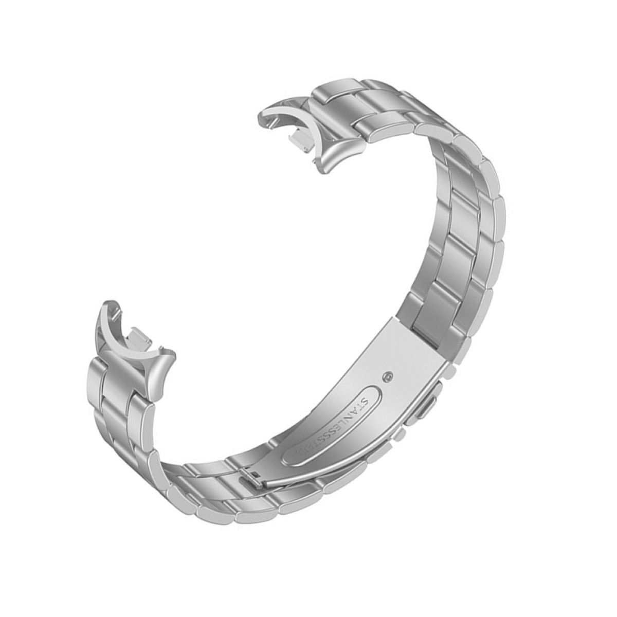 Ein silbernes Edelstahl-Uhrenarmband. Das Armband ist gebogen und hat einen Verschluss mit der Aufschrift 'Edelstahl'.