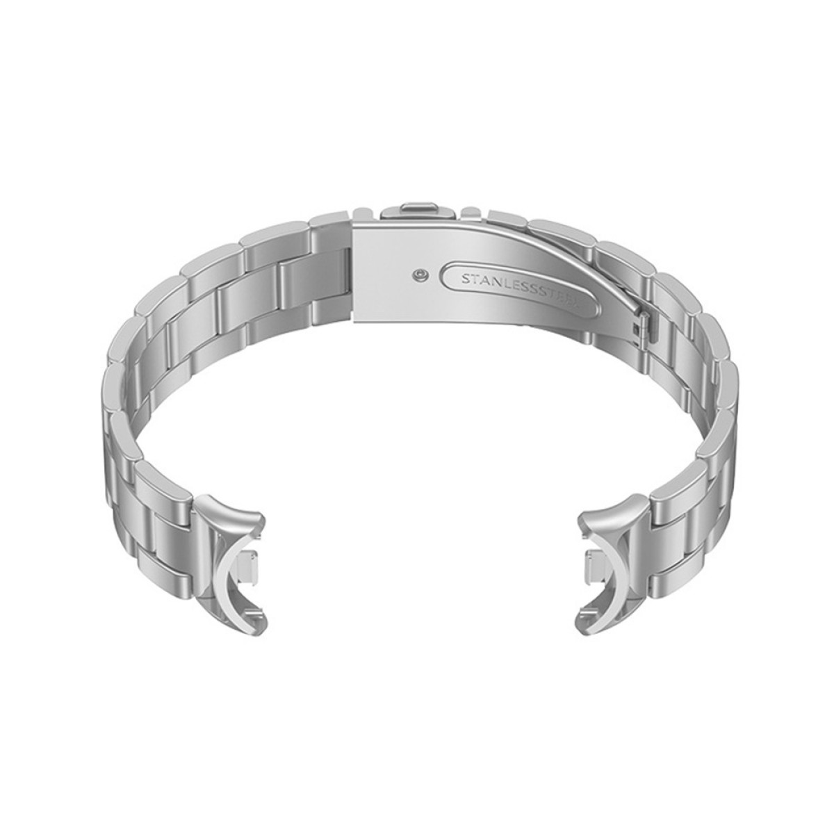 Ein silbernes Edelstahl-Uhrenarmband, geöffnet, mit dem Wort 'STAINLESSSTEEL' auf dem Verschluss.