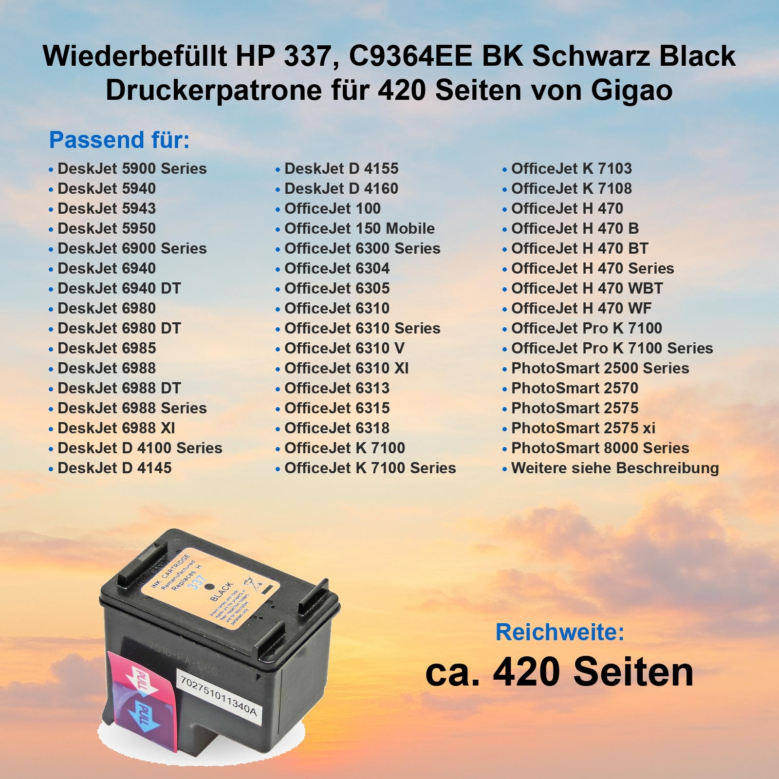 Schwarze Tintenpatrone mit Text, passend für HP DeskJet und OfficeJet Drucker, ergibt ca. 420 Seiten.