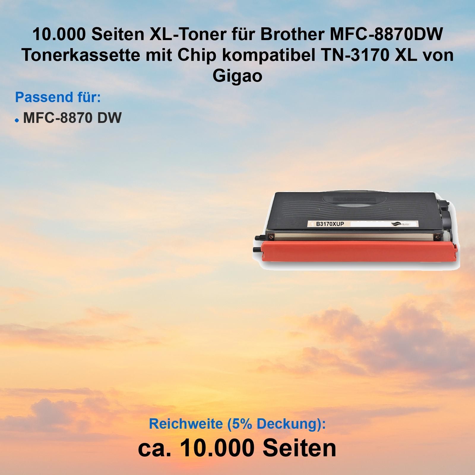 Eine Tonerkartusche mit roter Rolle, schwarzem Gehäuse und weißem Etikett. Text auf dem Produkt und Himmelshintergrund.
