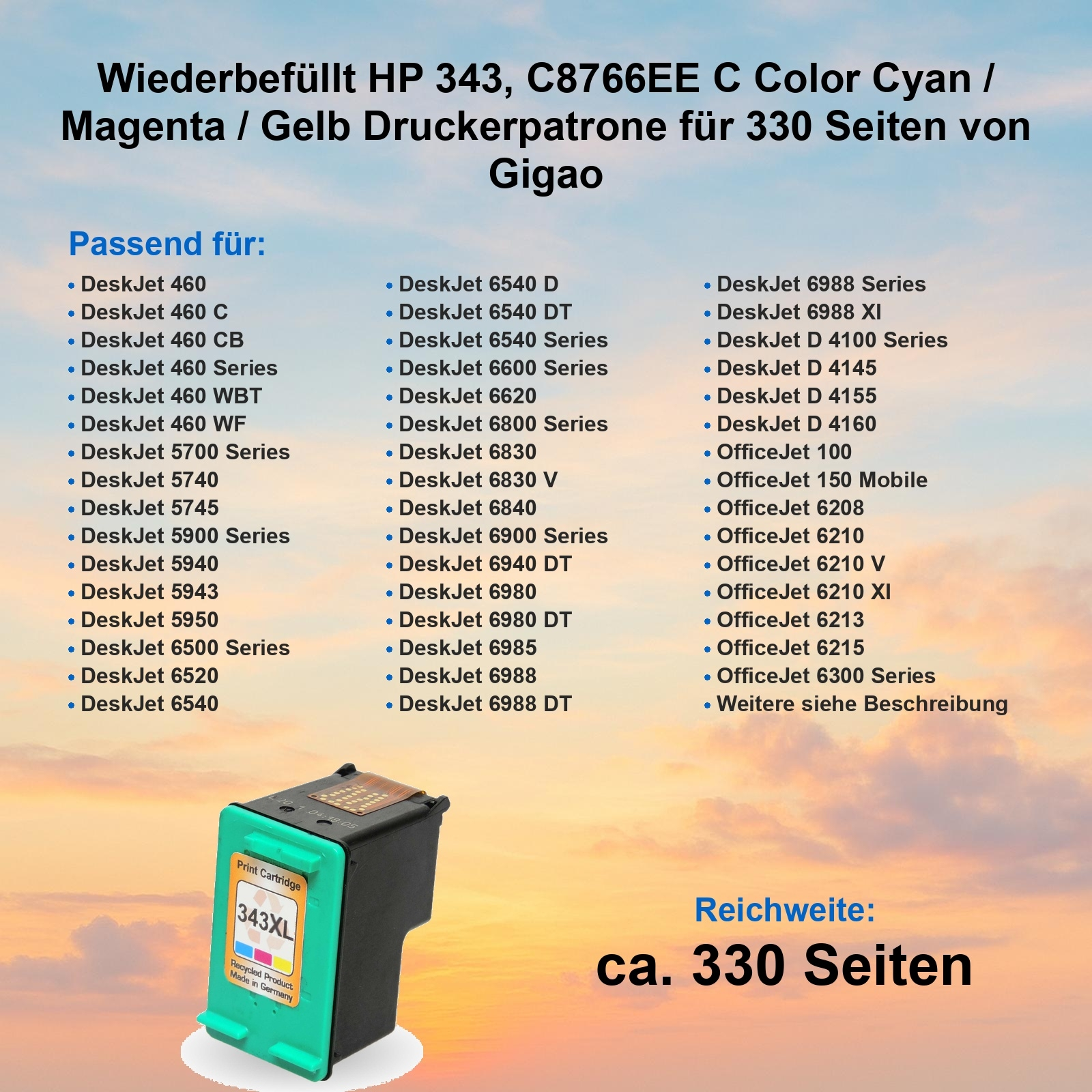 Das Bild zeigt eine Druckerpatrone mit Text und einer Liste kompatibler Drucker. Die Patrone ist grün und schwarz.
