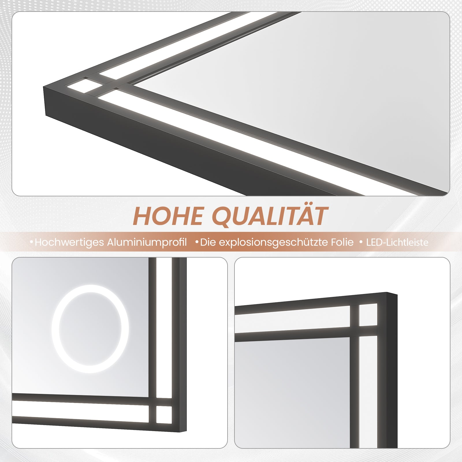 Ein moderner Spiegel mit dunklem Rahmen, weißen LED-Leuchten und weißem Hintergrund. Enthält Text 'HOHE QUALITÄT' und Produktdetails.