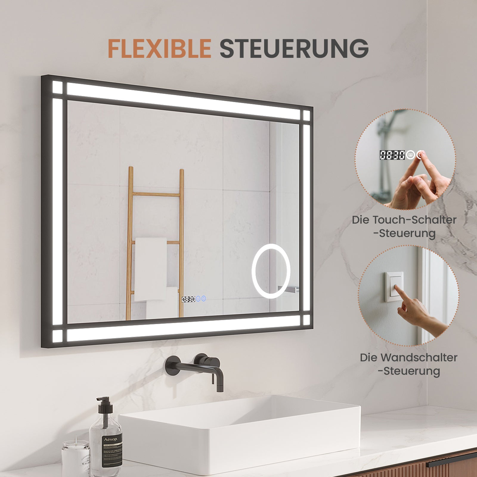Ein moderner Spiegel mit Touch-Bedienelementen und Licht. Er hat ein Waschbecken, einen Wasserhahn und Seife. Text sagt Flexible Steuerung.