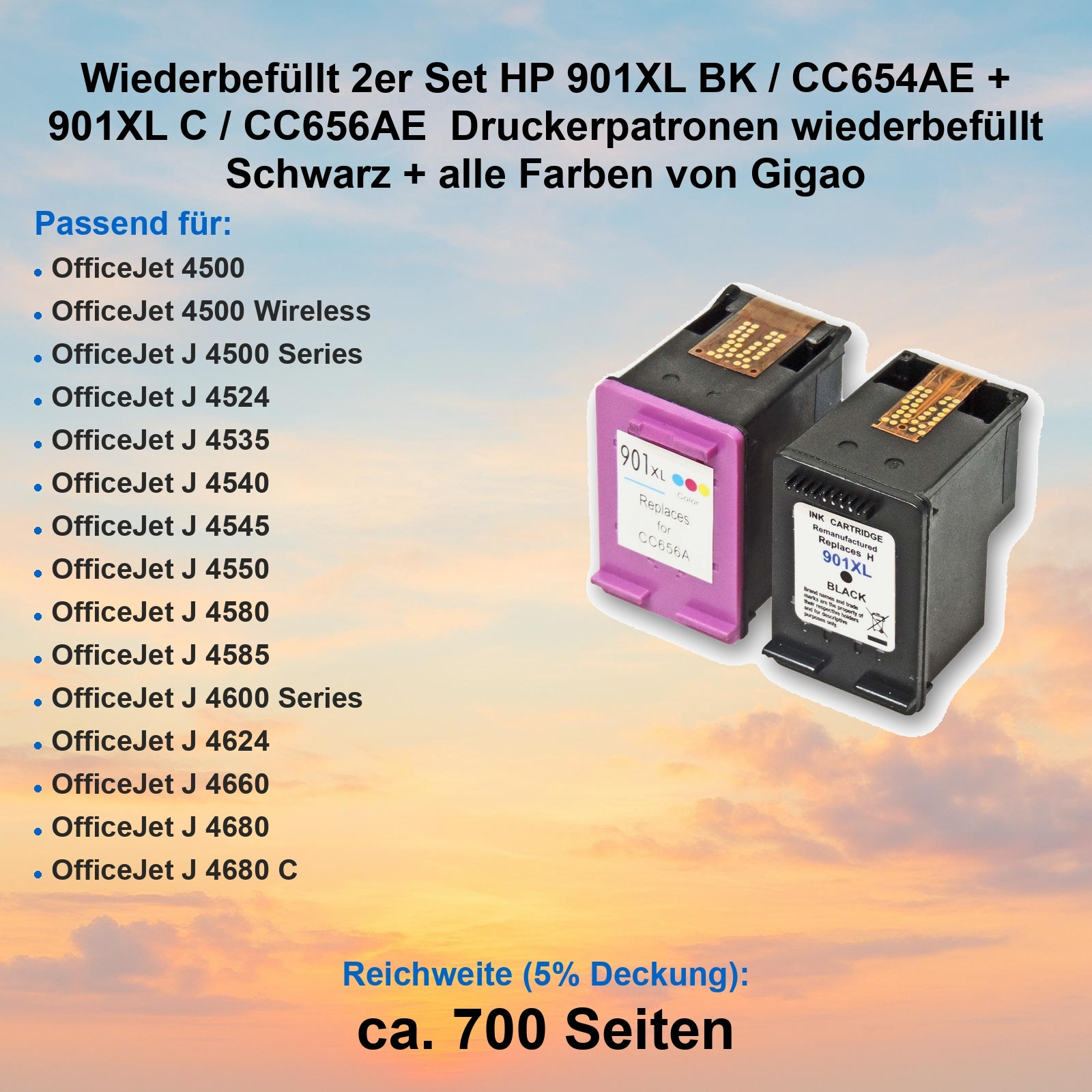 Zwei Tintenpatronen, schwarz und lila, mit Text und einer Liste kompatibler Drucker vor Himmelshintergrund.