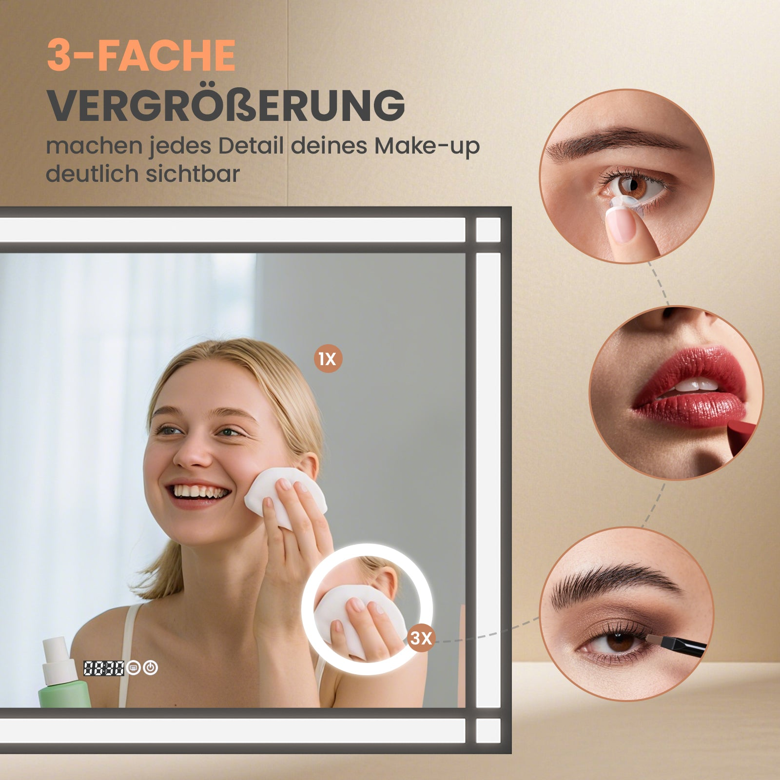Frau benutzt ein Wattepad vor einem beleuchteten Spiegel. Nahaufnahmen zeigen Augen-Make-up, Lippenstiftauftrag und Kontaktlinsennutzung.