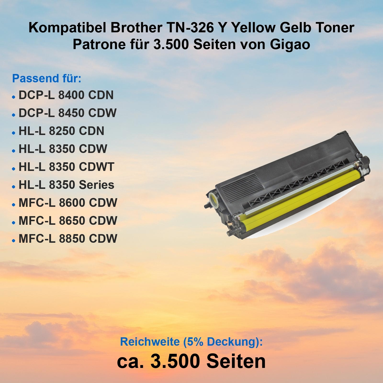Gelbe Tonerkartusche für Brother-Drucker. Schwarzes Gehäuse mit gelbem Zylinder. Text und Himmel im Hintergrund.