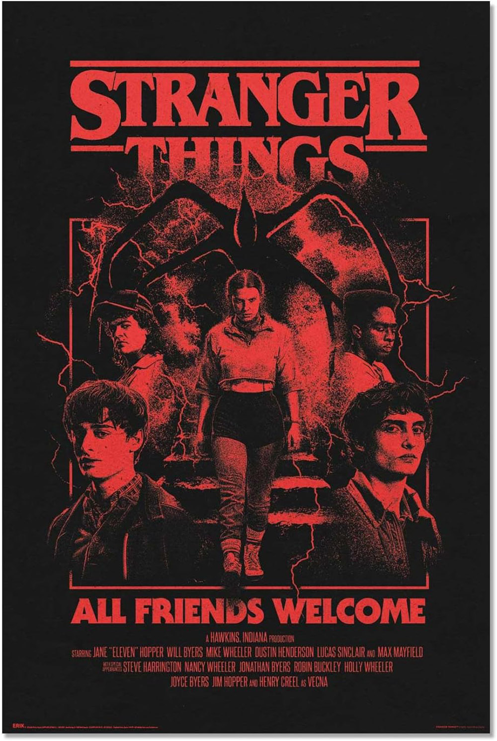 Poster für Stranger Things. Roter Text auf Schwarz. Figuren sind Elf und andere. Der Titel steht oben.
