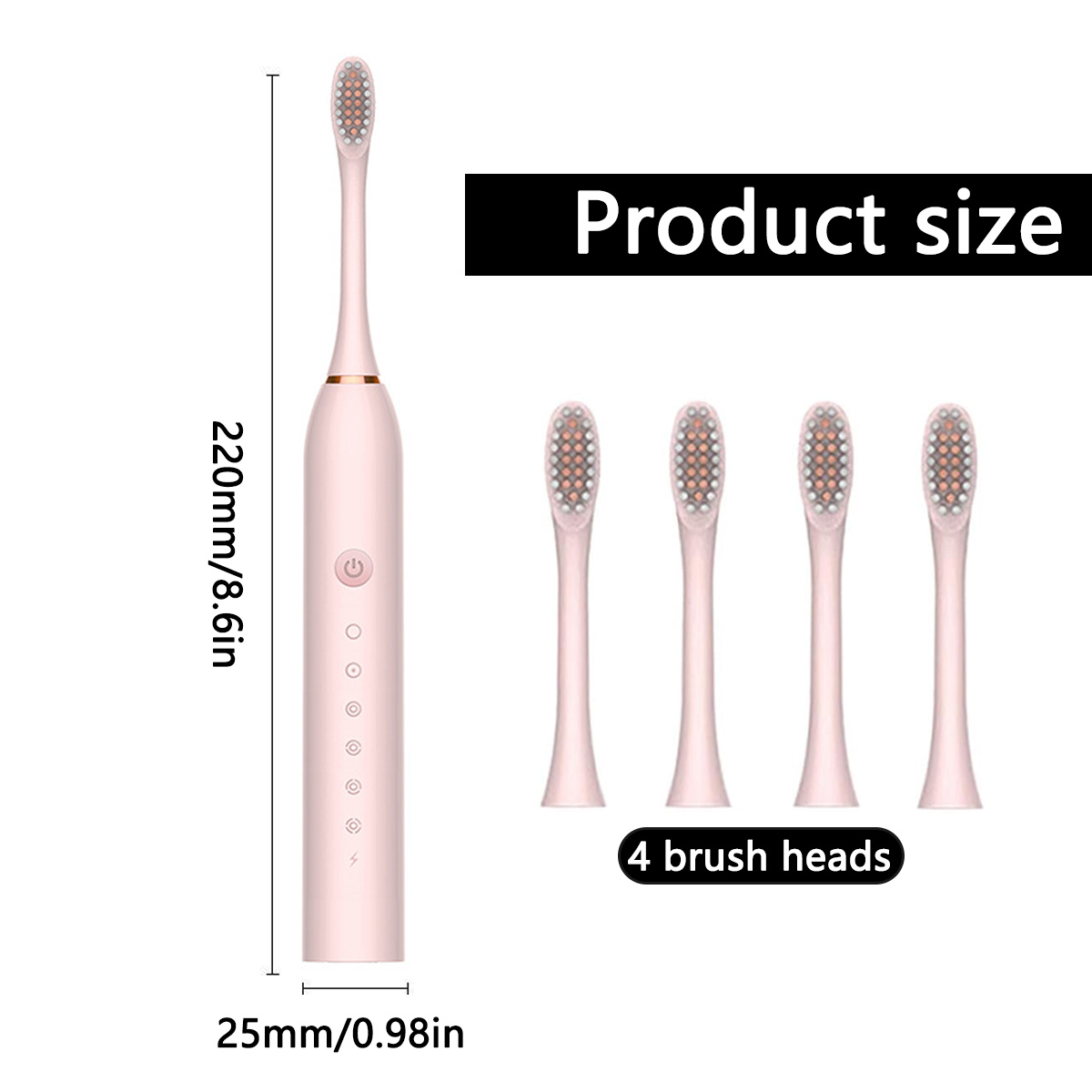 Eine rosa elektrische Zahnbürste mit 4 Bürstenköpfen. Abmessungen: 220 mm/8,6 Zoll hoch, 25 mm/0,98 Zoll breit. Text: 'Produktgröße'.