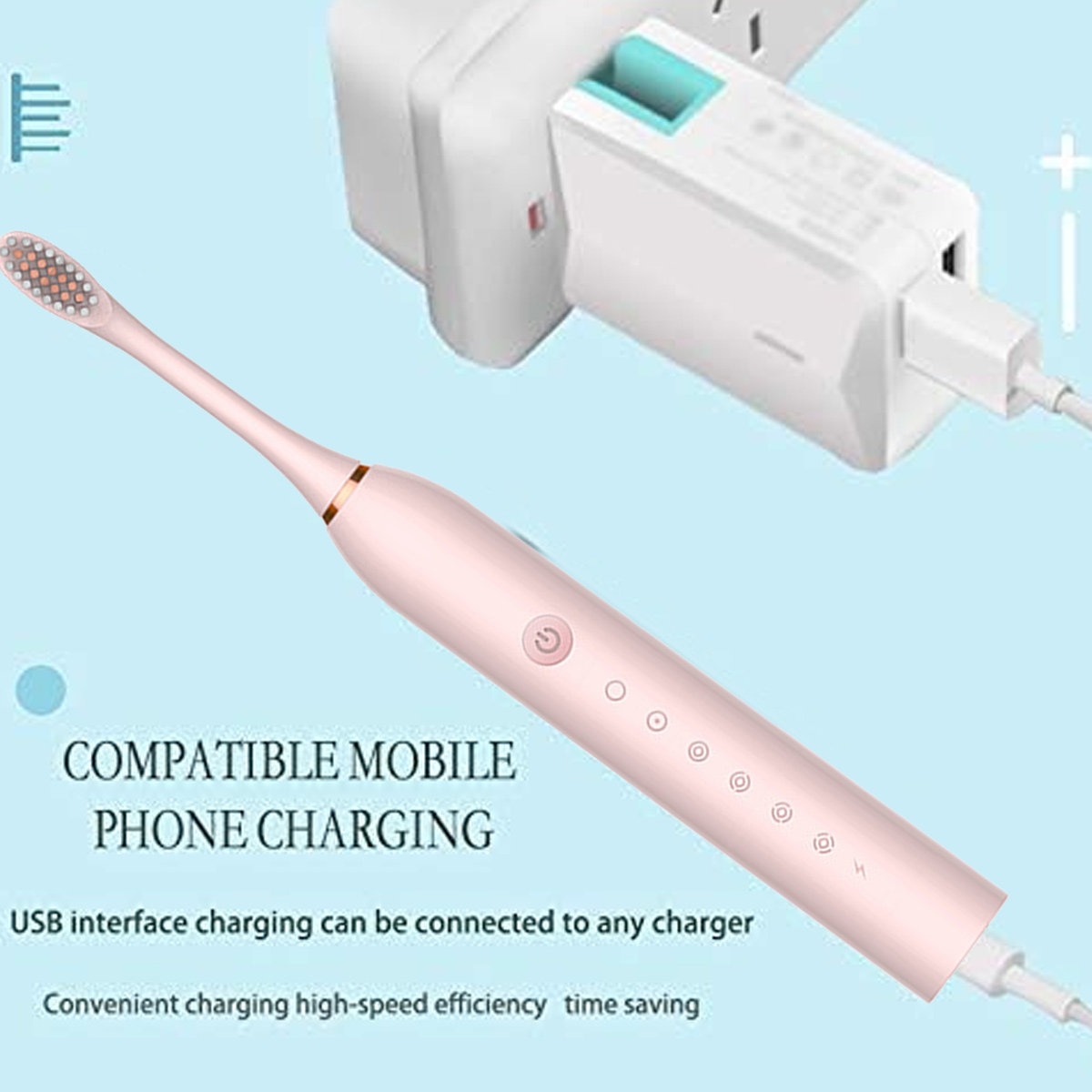 Eine rosa elektrische Zahnbürste ist an ein weißes Ladegerät angeschlossen. Text erwähnt 'kompatibles Aufladen von Mobiltelefonen'.