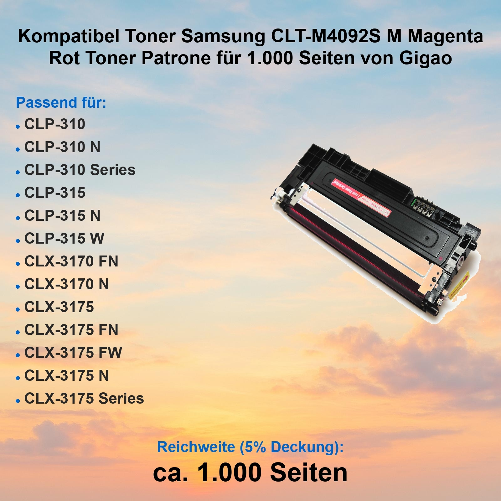 Tonerpatrone vor farbigem Hintergrund, Text und eine Liste kompatibler Druckermodelle.
