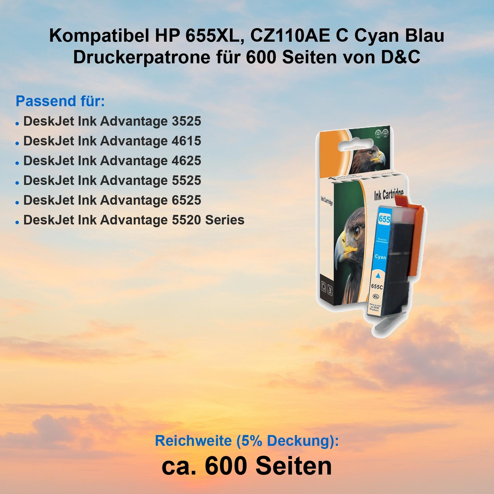 Cyan-Tintenpatrone für HP-Drucker. Zeigt Produktdetails mit einem Hintergrund eines Himmelsgradienten.