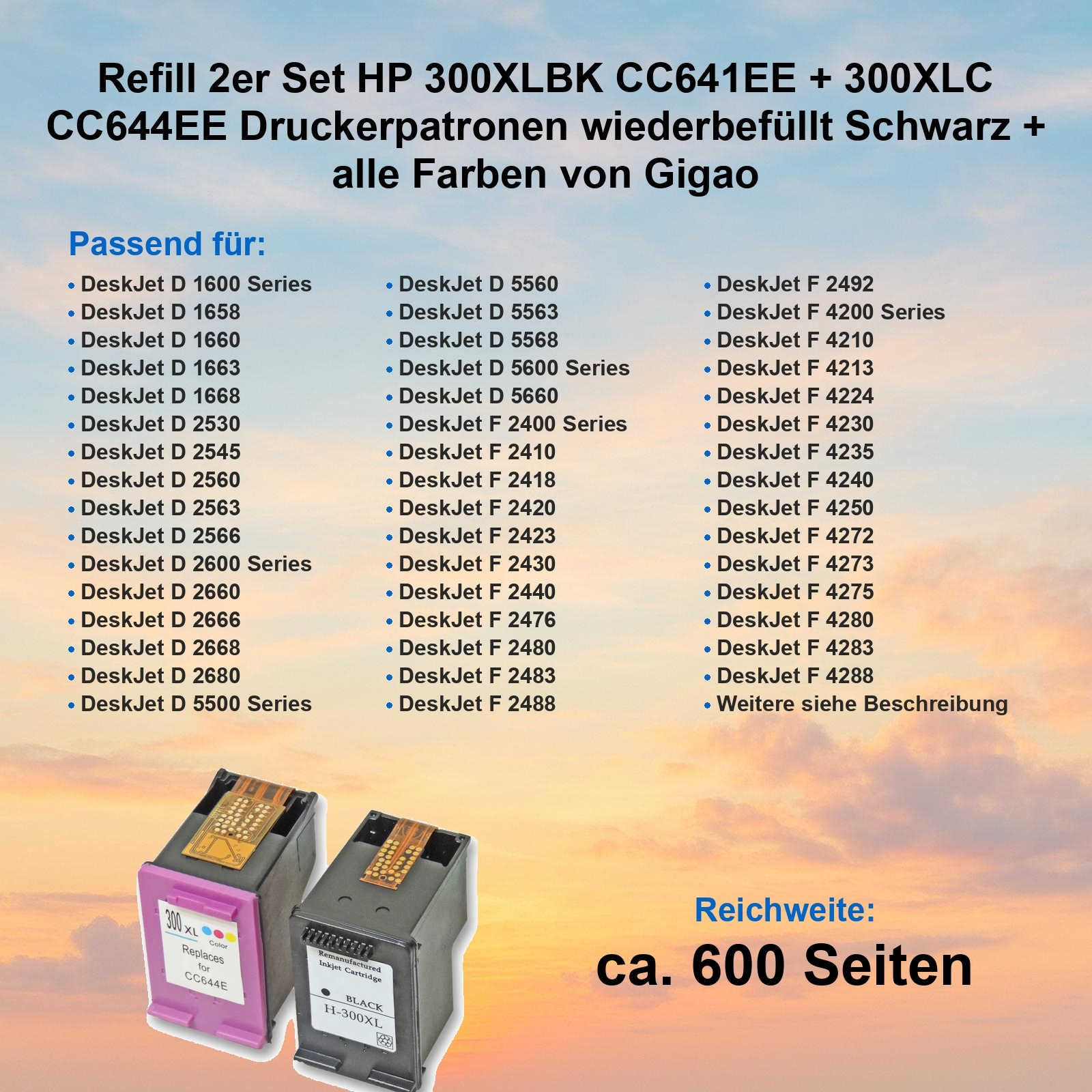 Das Bild zeigt zwei Tintenpatronen, eine lila und eine schwarze, mit einer Liste kompatibler Druckermodelle.