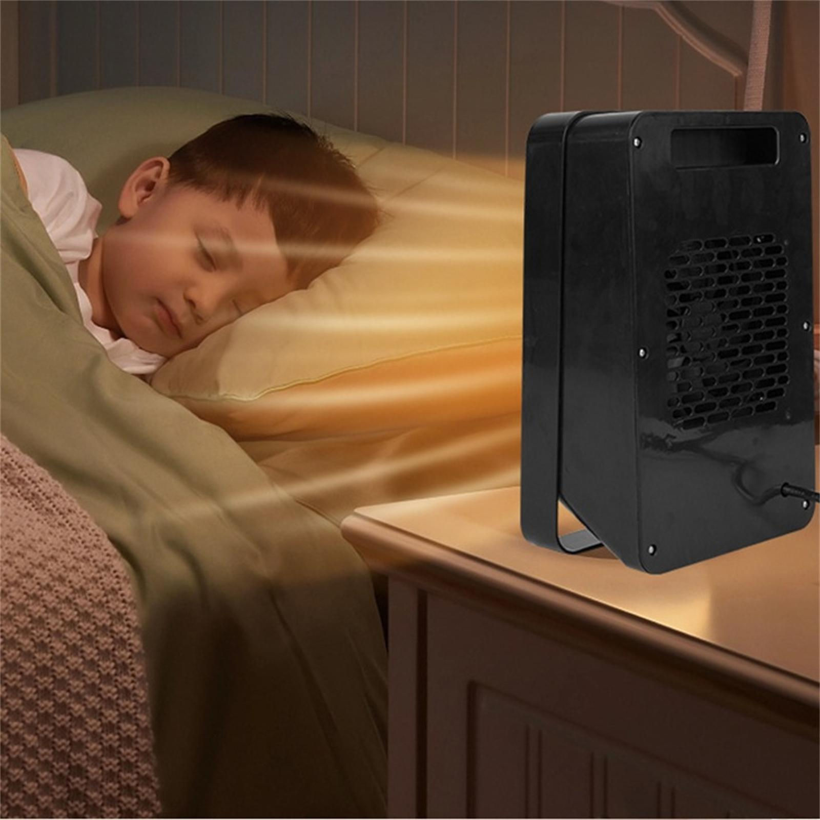 Ein Kind schläft im Bett, daneben steht eine schwarze Heizung. Lichtstrahlen gehen von der Heizung zum Kind.