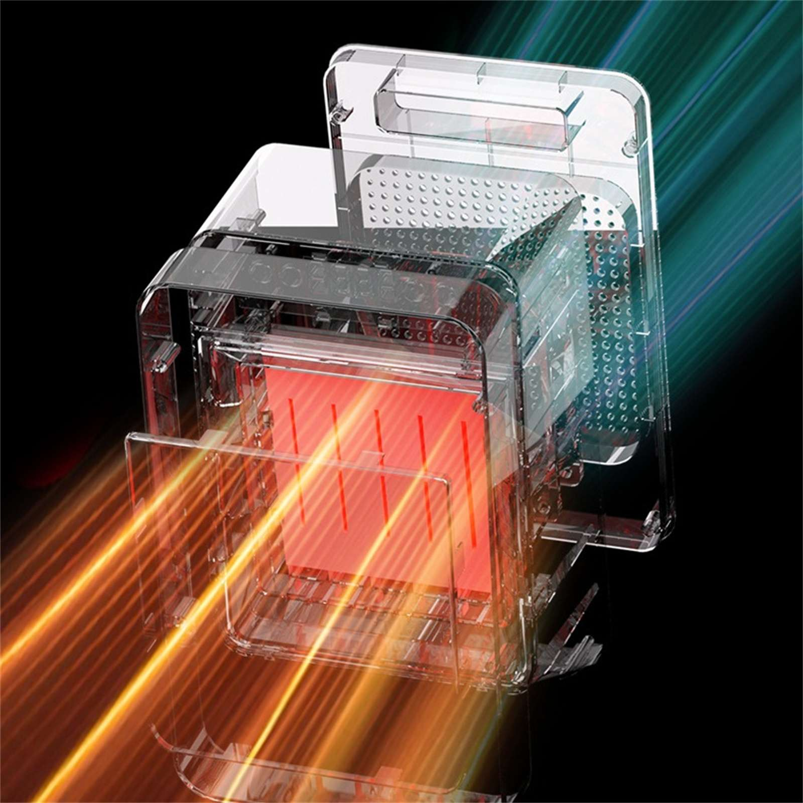 Ein transparentes Gerät mit roter Innenausstattung. Lichtstrahlen gehen von dem Gerät vor einem dunklen Hintergrund aus.