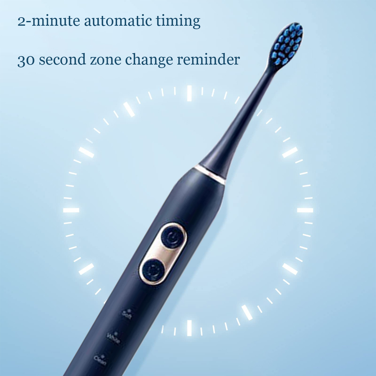 Eine dunkelblaue elektrische Zahnbürste mit blauen Borsten. Sie hat Knöpfe und eine Timer-Grafik im Hintergrund. Text: 2-Minuten-Automatik-Timing.