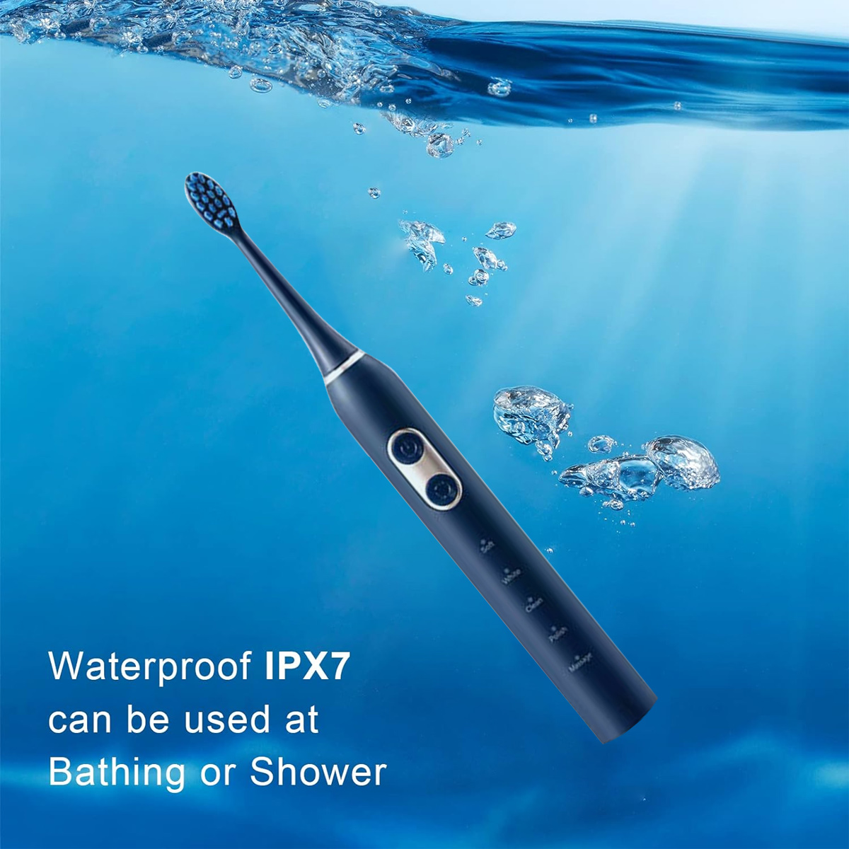 Eine dunkelblaue elektrische Zahnbürste in Wasser, mit Blasen. Der Text lautet: Wasserdicht IPX7 kann beim Baden oder Duschen verwendet werden.