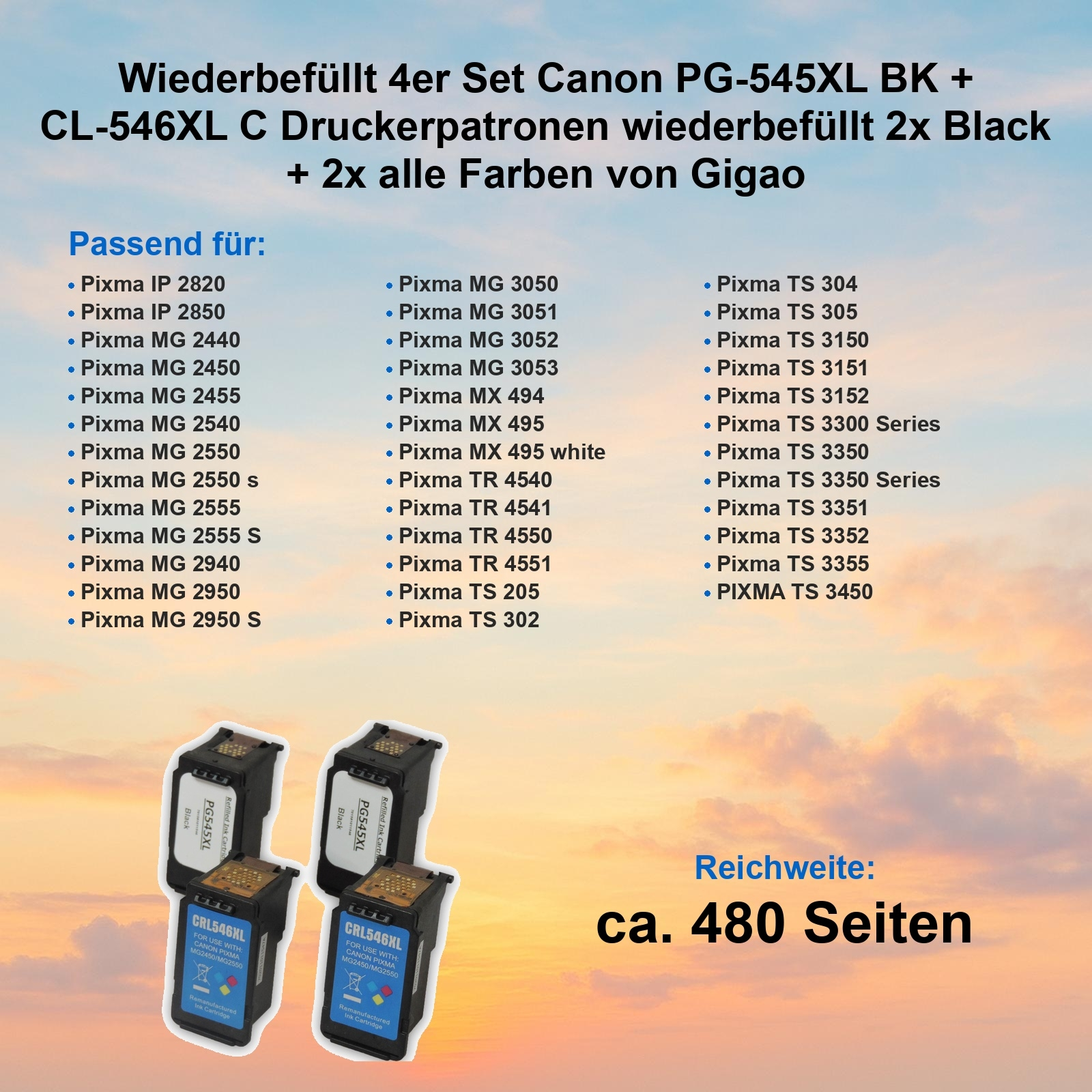 Das Bild zeigt Canon-Druckerpatronen mit Produktinformationen und einer Liste kompatibler Drucker. Text gibt auch die Seitenleistung an.