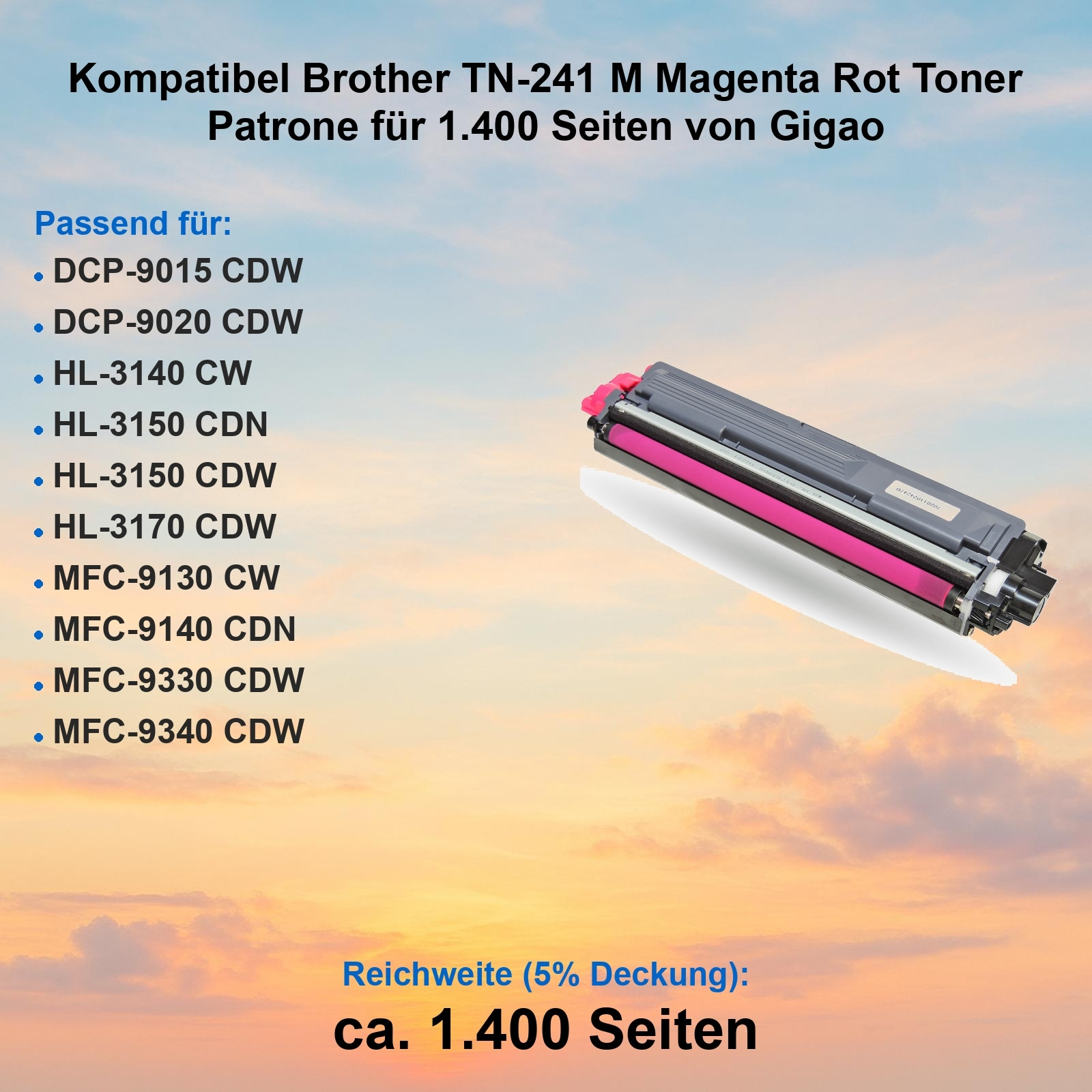 Eine magenta Brother Tonerkartusche. Text lautet: Kompatibel TN-241 M Magenta Rot Toner. 1.400 Seiten. Geeignet für verschiedene Brother-Drucker.