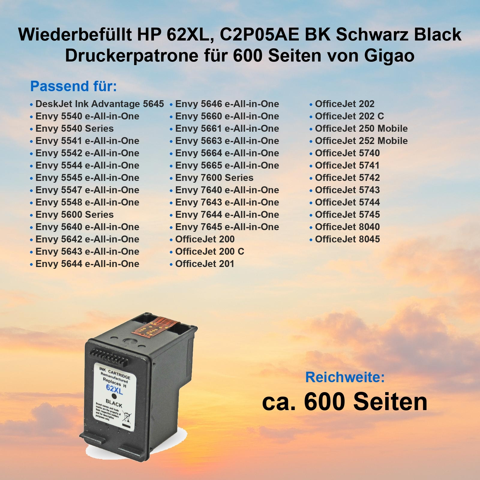 Schwarze Tintenpatrone mit Produktdetails. Text enthält Druckerkompatibilität und Seitenleistung: ca. 600 Seiten.