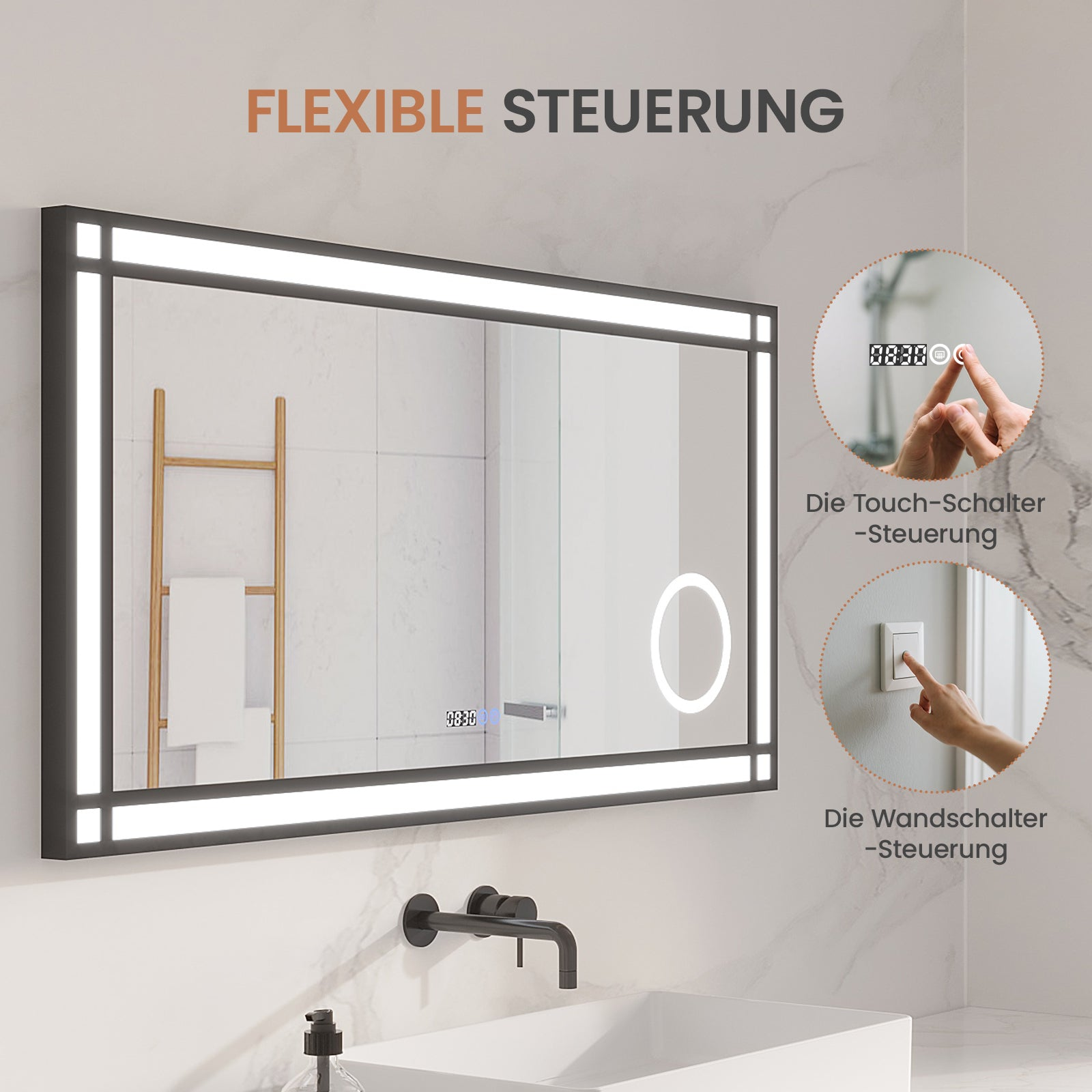 Ein rechteckiger Spiegel mit Lichtern, Touch-Bedienelementen und einem Wandschalter wird gezeigt. Ein Handtuchhalter und ein Waschbecken sind ebenfalls zu sehen.