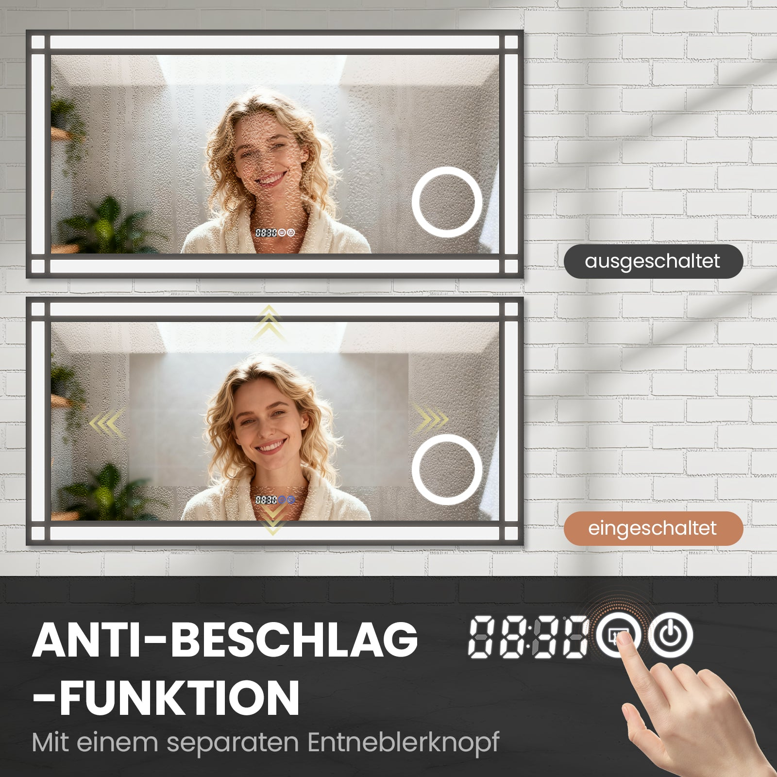 Eine Frau lächelt in einem Spiegel mit Antibeschlagfunktion. Der Spiegel zeigt Uhrzeit und einen berührungsaktivierten Knopf. Hintergrund ist eine weiße Ziegelmauer.
