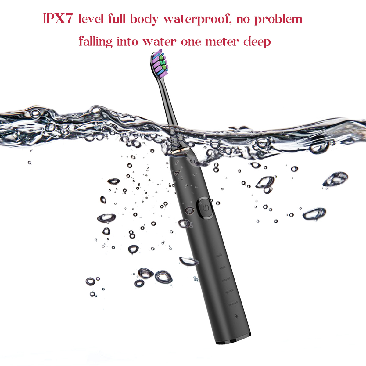 Eine schwarze elektrische Zahnbürste ist in Wasser getaucht. Blasen umgeben sie, und der Text oben besagt, dass sie wasserdicht ist.