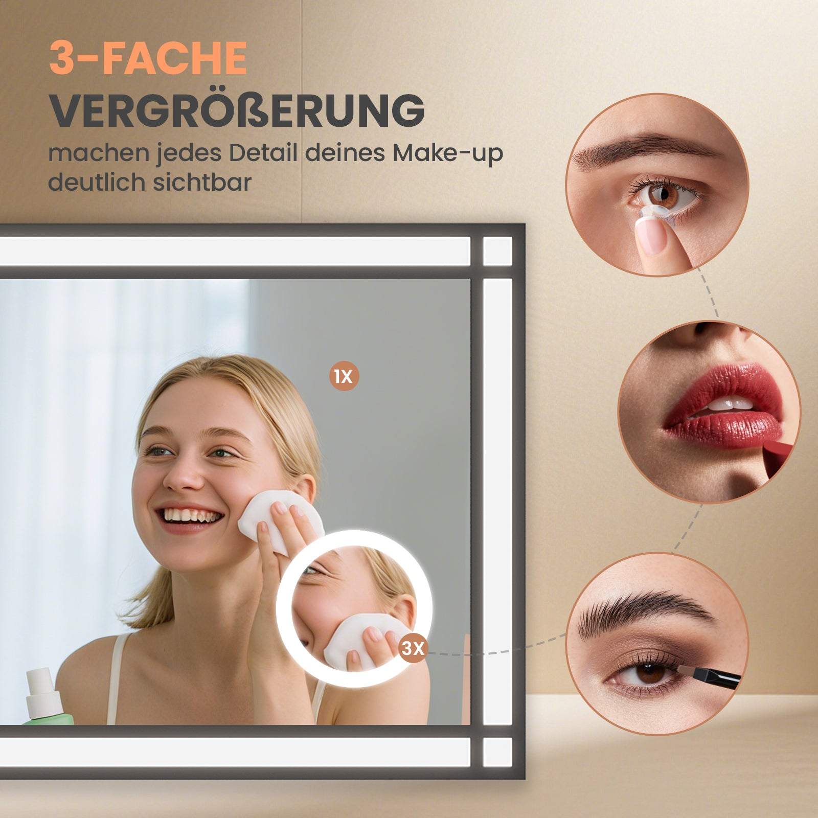 Eine Frau reinigt ihr Gesicht mit einem Wattepad vor einem Spiegel mit Detailbildern zum Auftragen von Make-up.