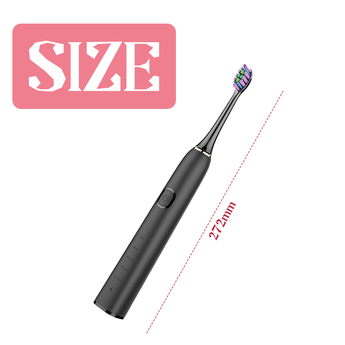 Schwarze elektrische Zahnbürste mit bunten Borsten, einer rosa 'GRÖSSE'-Box und einem 272-mm-Etikett. Die Zahnbürste hat Knöpfe und eine Anzeige.