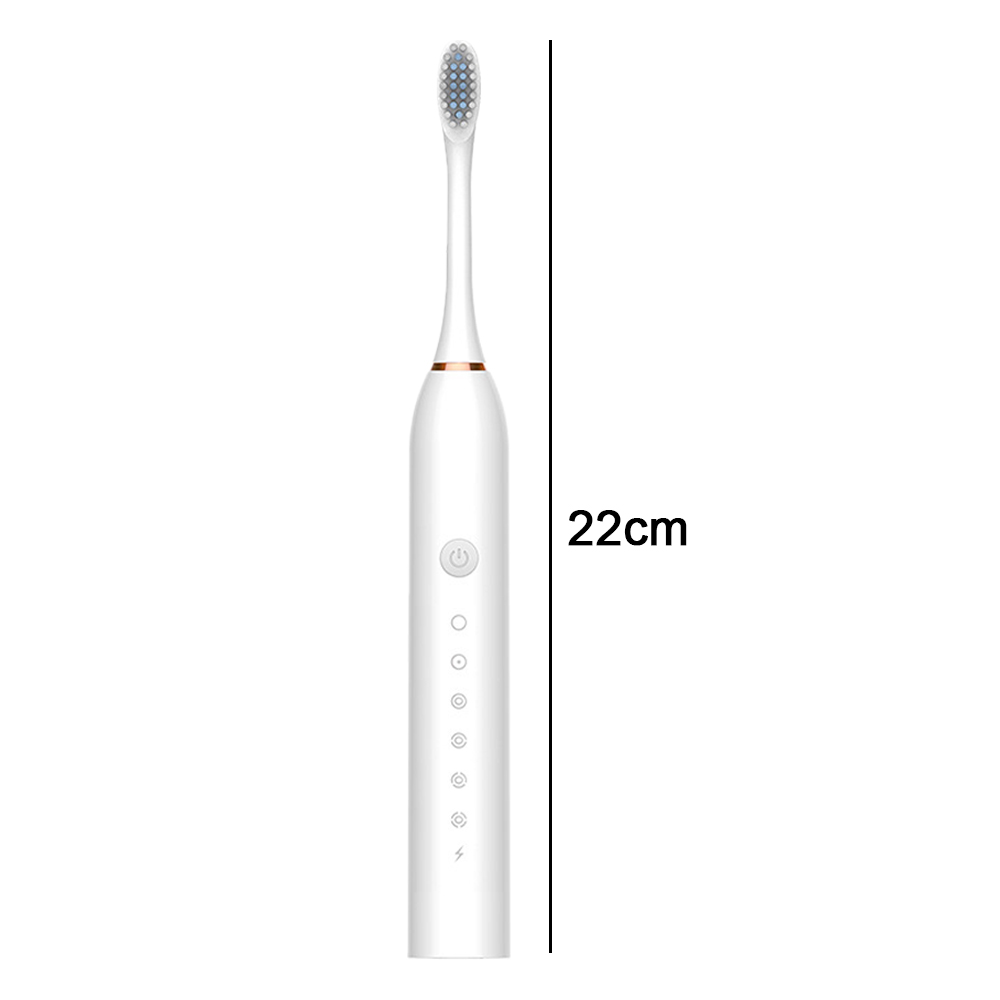 Eine weiße elektrische Zahnbürste mit blauen Borsten. Sie hat einen Ein-/Ausschalter und andere Funktionstasten. Die Größe beträgt 22 cm.