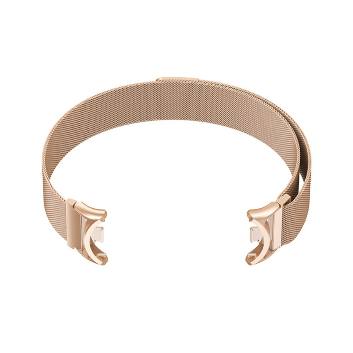 Ein roségoldenes Uhrenarmband mit Mesh-Design. Das Armband ist offen und zeigt den Verschlussmechanismus an beiden Enden.