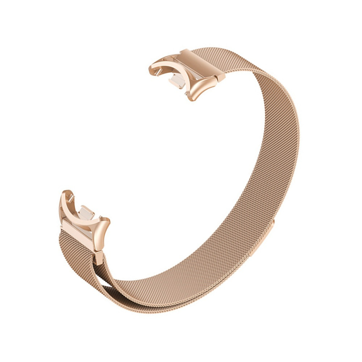 Ein roségoldenes Uhrenarmband mit Mesh-Design. Der Verschluss ist geöffnet. Der Hintergrund ist weiß.