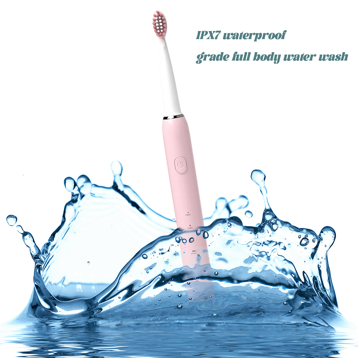 Eine rosa elektrische Zahnbürste in Wasser. Wasser spritzt um die Zahnbürste, mit Text darüber: 'IPX7 wasserdicht'.