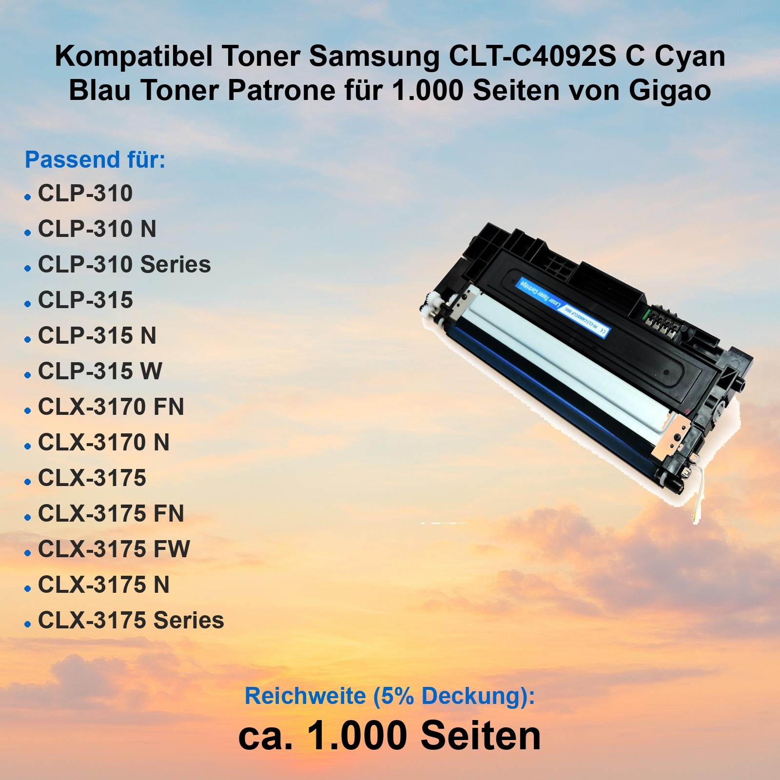 Cyan-Tonerkartusche für Samsung-Drucker. Text listet kompatible Modelle und Seitenleistung, mit blauem und schwarzem Toner.