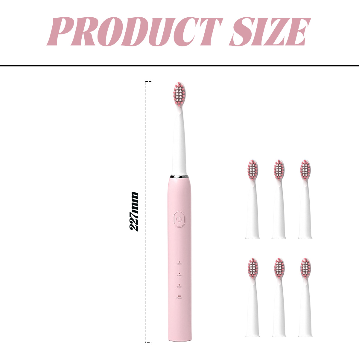 Eine rosa elektrische Zahnbürste mit zusätzlichen Köpfen wird angezeigt. Die Produktgröße beträgt 227 mm. Die Köpfe sind weiß mit rosa Borsten.
