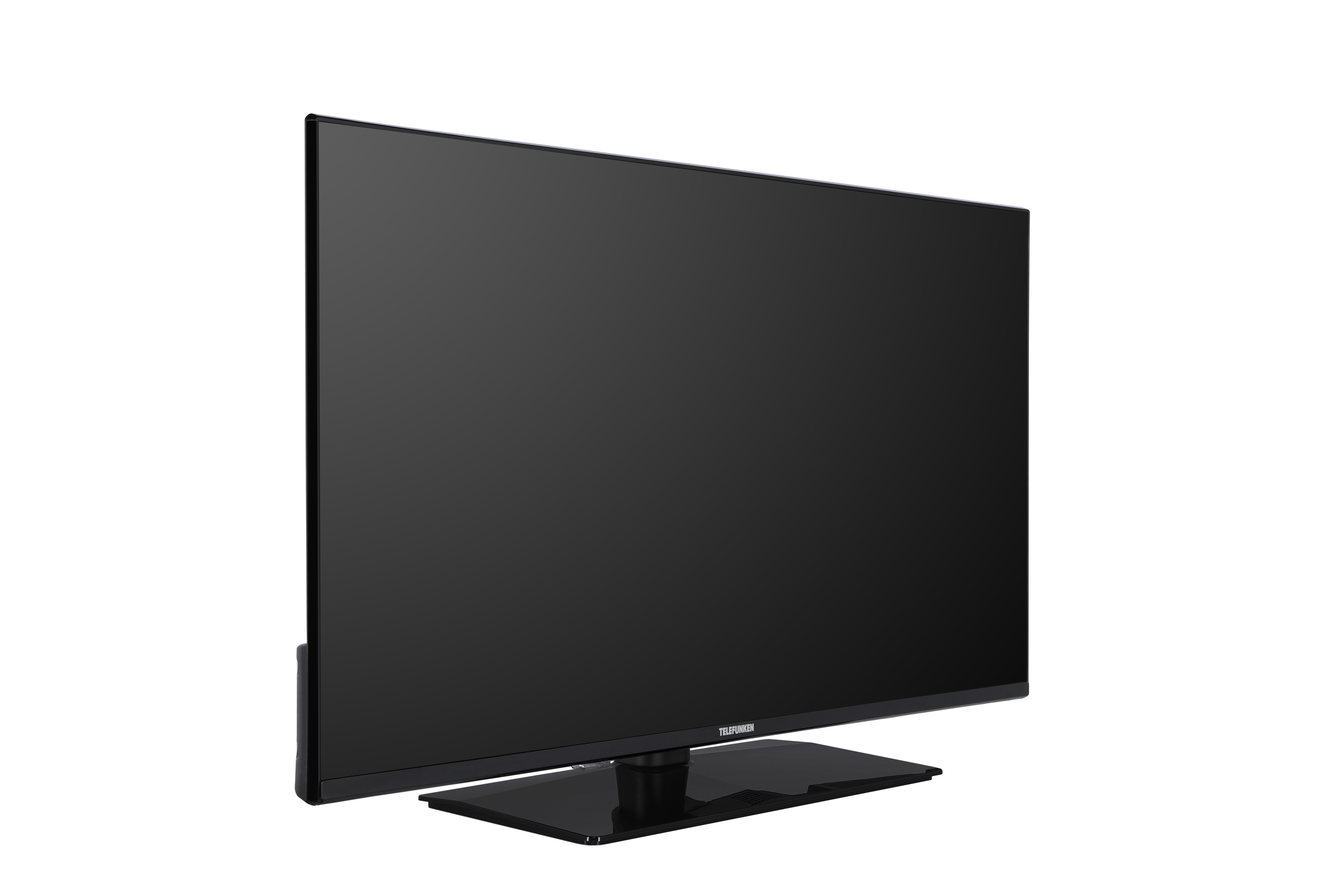 Ein schwarzer Telefunken-Fernseher auf weißem Hintergrund. Der Fernseher ist nach links geneigt.