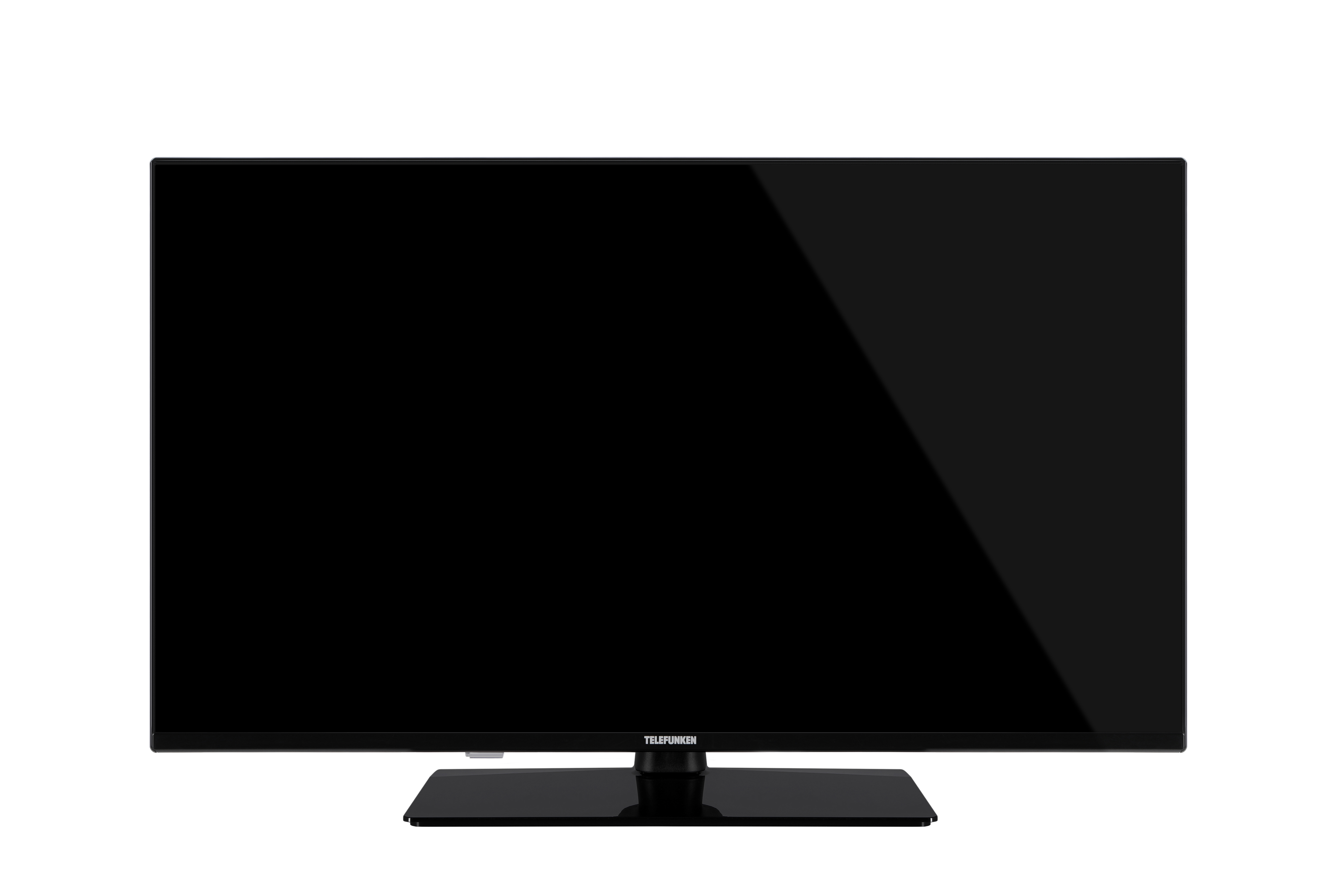 Ein Flachbildfernseher mit schwarzem Bildschirm und schwarzem Ständer. Der Markenname TELEFUNKEN ist sichtbar.