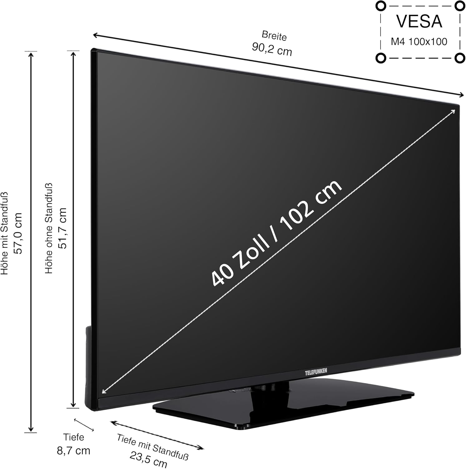 Ein schwarzer Telefunken-Fernseher mit den Maßen: 90,2 cm breit, 57 cm hoch mit Standfuß, 40-Zoll-Bildschirm und VESA-Halterung.
