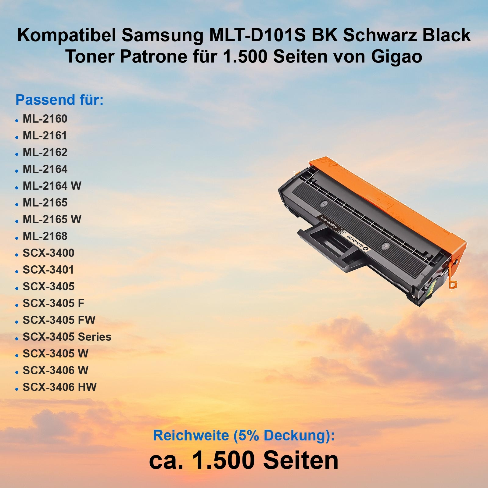 Ein Bild einer schwarz-orangen Tonerkartusche. Text beschreibt Kompatibilität und Seitenzahl.