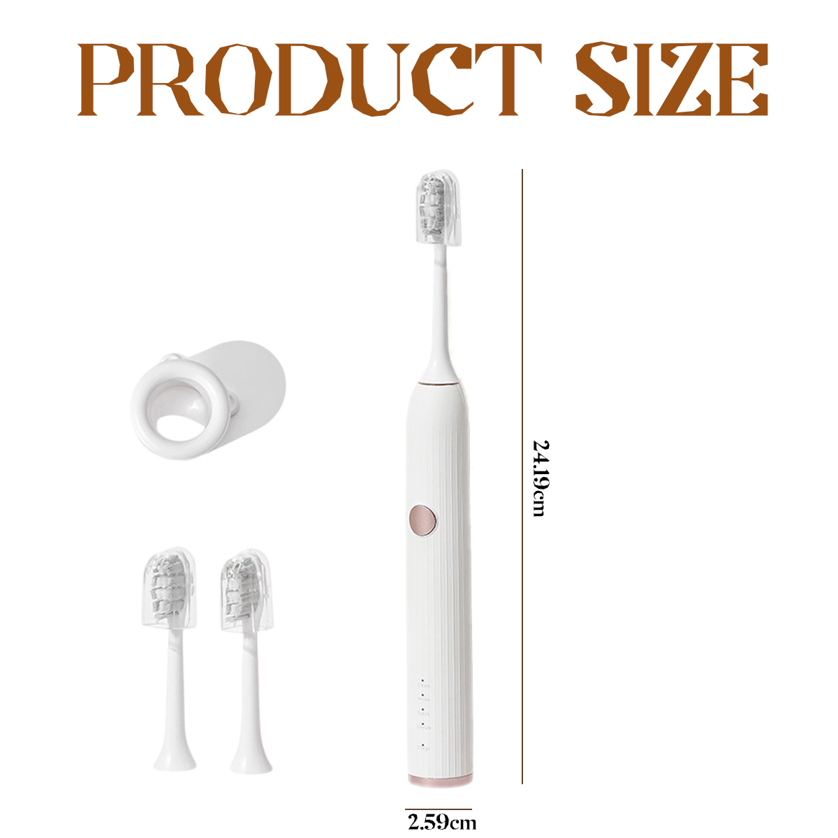 Eine weiße elektrische Zahnbürste mit rosa Knopf, zwei Bürstenköpfen und einem Halter. Der Text „PRODUCT SIZE“ steht oben.