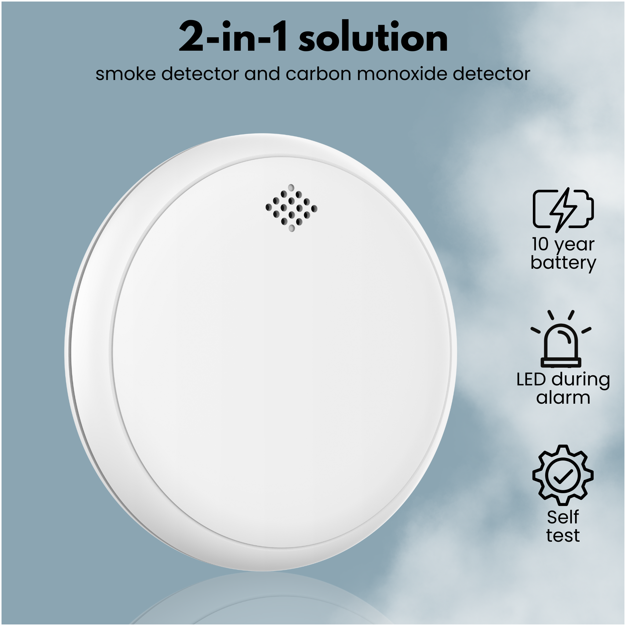 A white smoke and carbon monoxide detector with a 10-year battery, LED alarm, and self-test function.