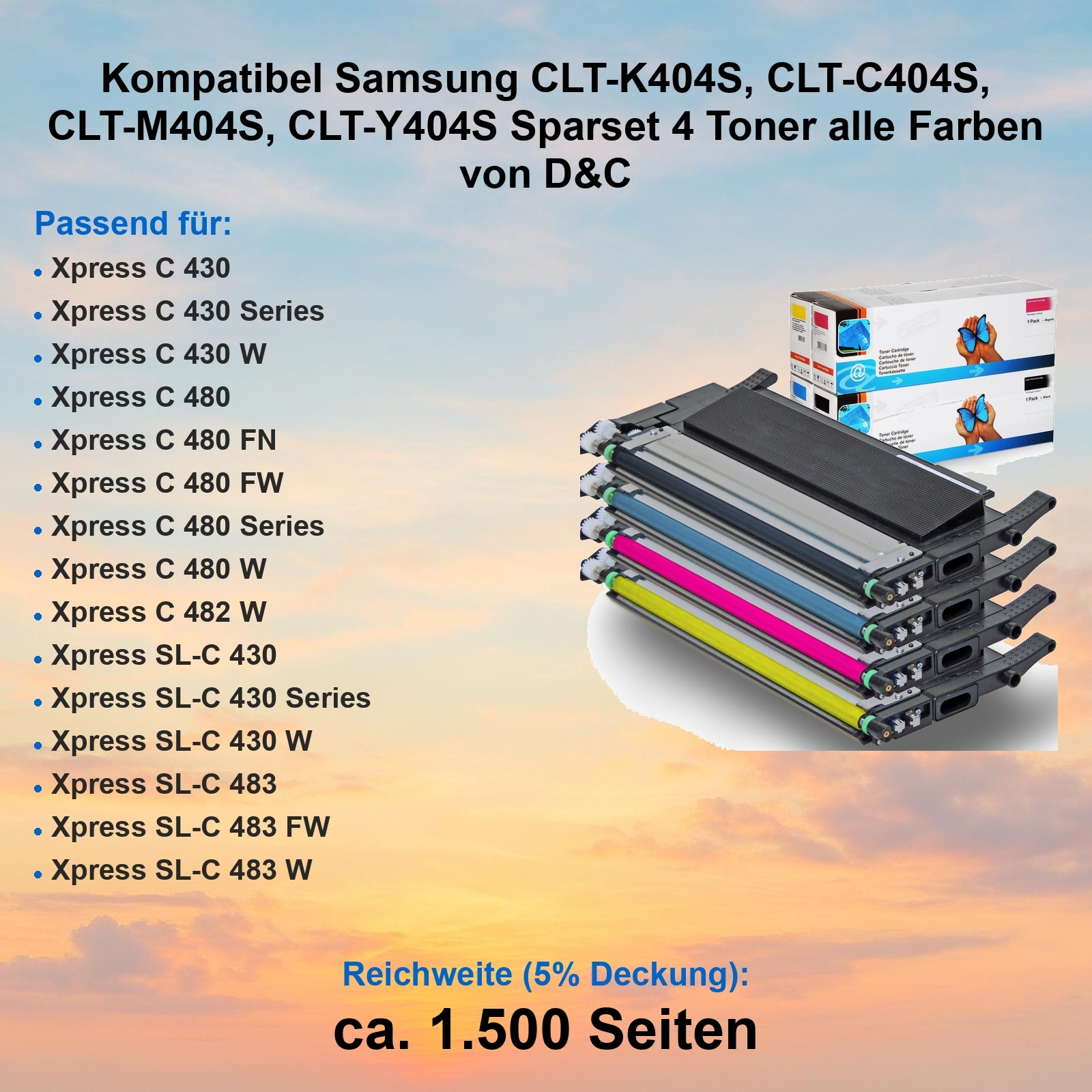 Gestapelte Tonerkartuschen mit Produktboxen im Hintergrund. Text listet kompatible Druckermodelle. Hintergrund ist ein Sonnenuntergang.