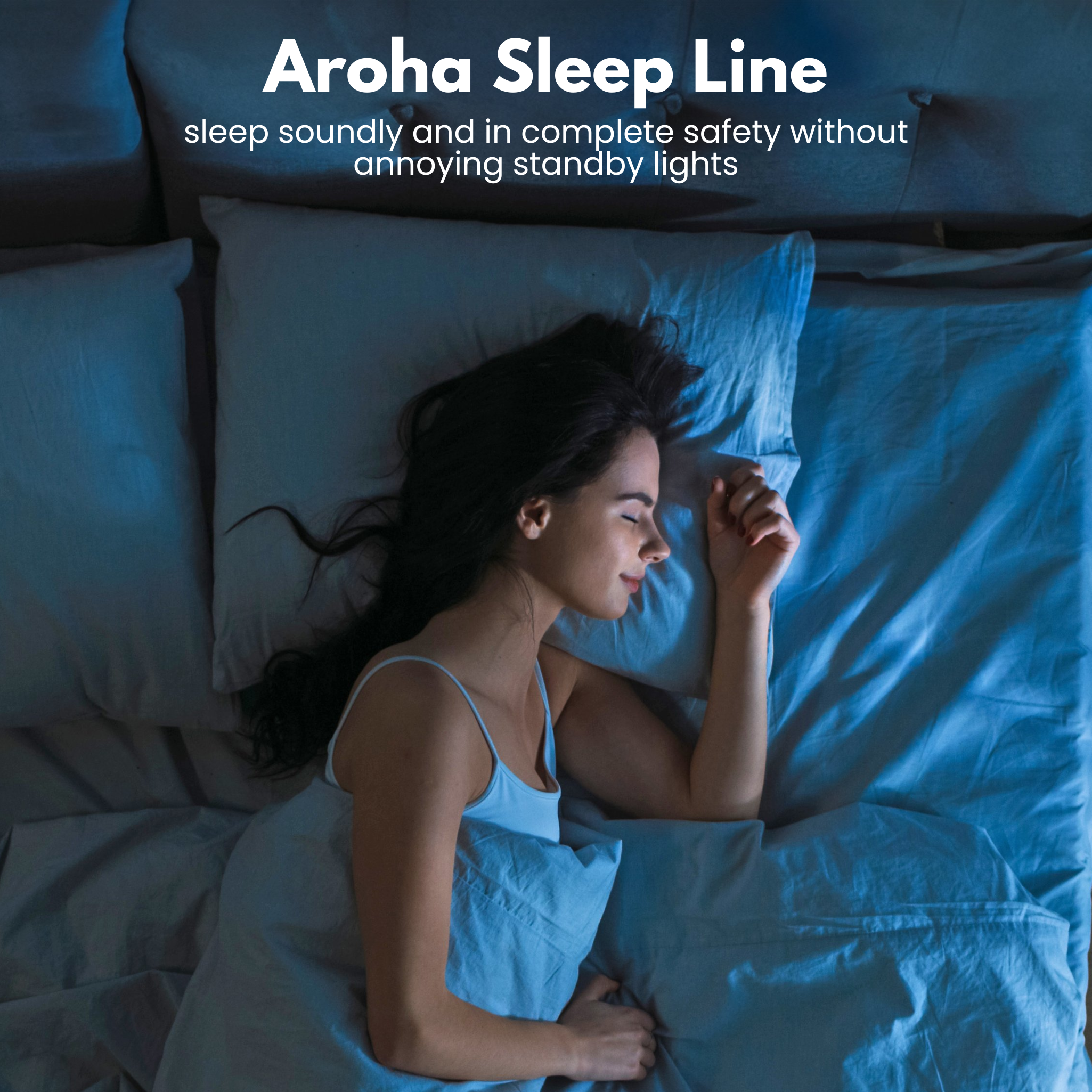 A woman sleeps peacefully in bed under a blue blanket, text above reads 'Aroha Sleep Line'.