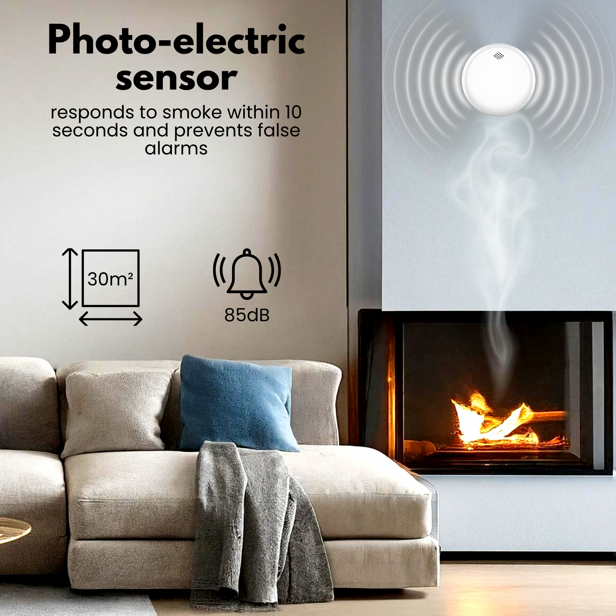 A smoke detector above a fireplace with smoke. A couch with pillows is in the foreground. Text about sensor.