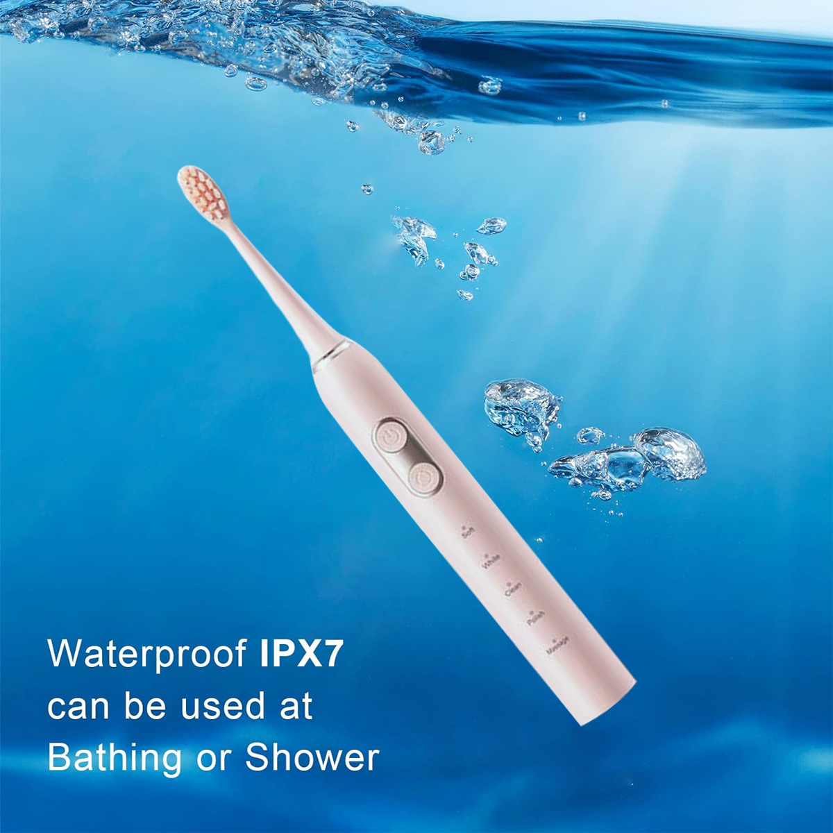 Eine rosa elektrische Zahnbürste in Wasser, mit Blasen. Text: Wasserdicht IPX7 kann beim Baden oder Duschen verwendet werden.