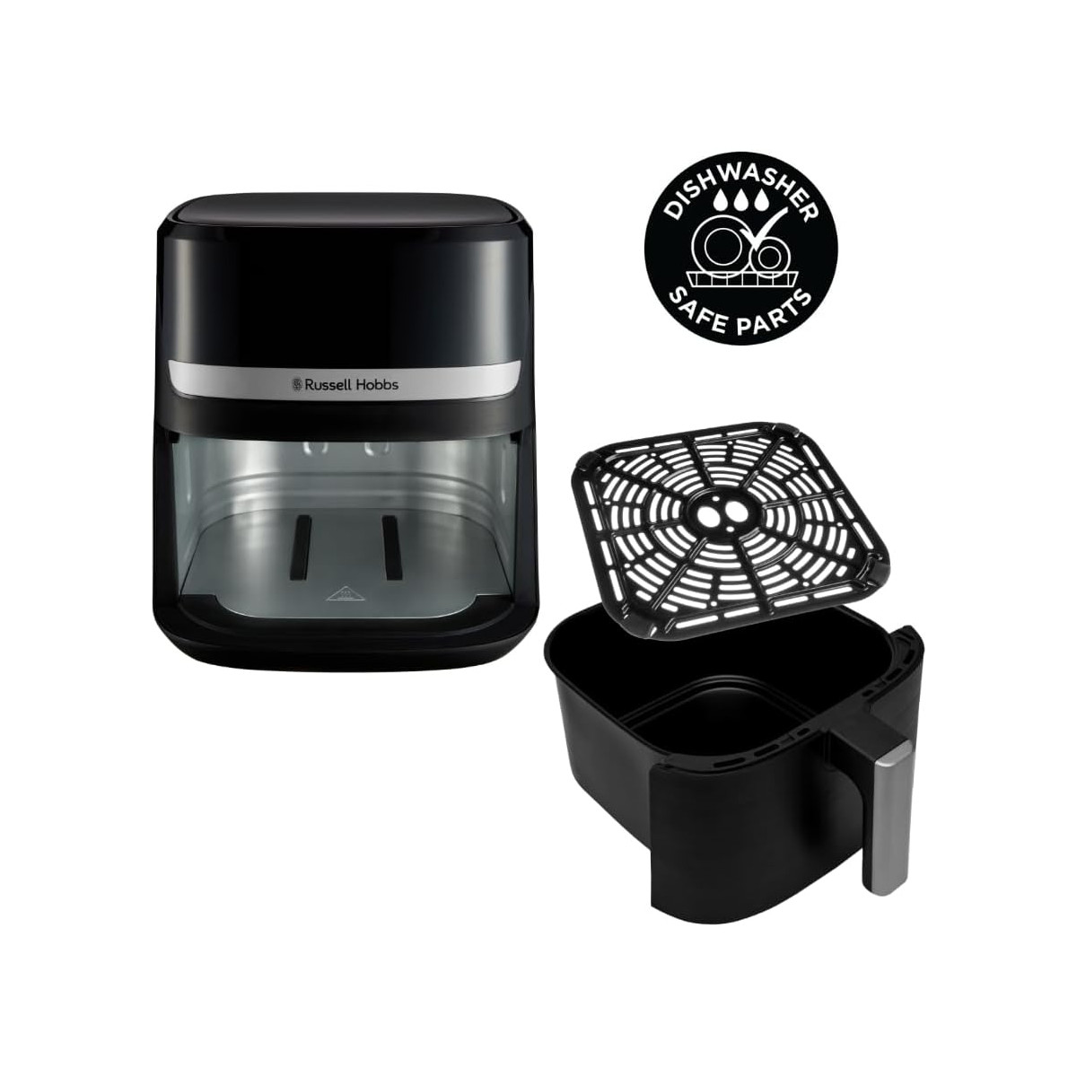 Ein schwarzer Russell Hobbs Heißluftfritteuse mit abnehmbaren Teilen, einem Kochblech und einem Aufkleber 'spülmaschinenfeste Teile'.